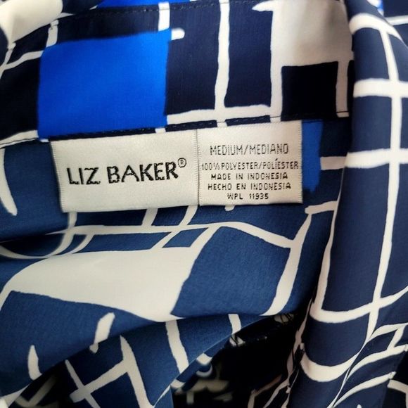 Vintage 90s Liz Baker Womens M Black Blue Abstract Geo Button Front Blouse L/S - Picture 6 of 6